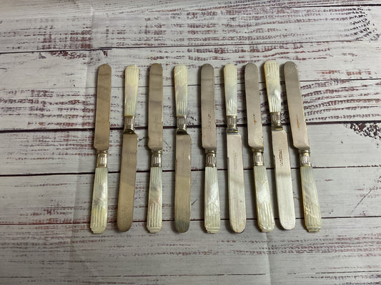J.E. Caldwell Sterling Silver Mother Of Pearl Handle Set of 9 Dessert Knives