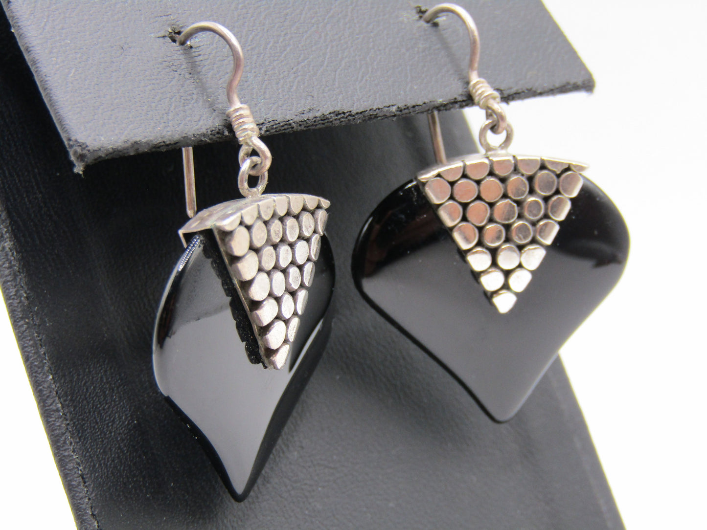 Vintage Sterling Silver Dot Heart Onyx Drop Dangle Earrings
