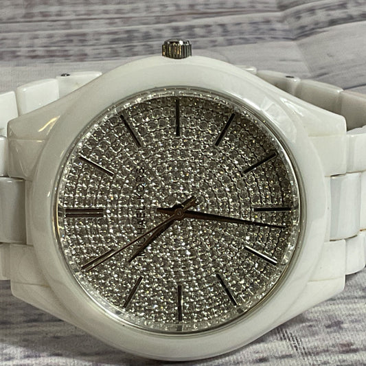 MICHAEL KORS MK-3448 Slim Runway Pavé Silver-Tone Ceramic Watch- 7.5"