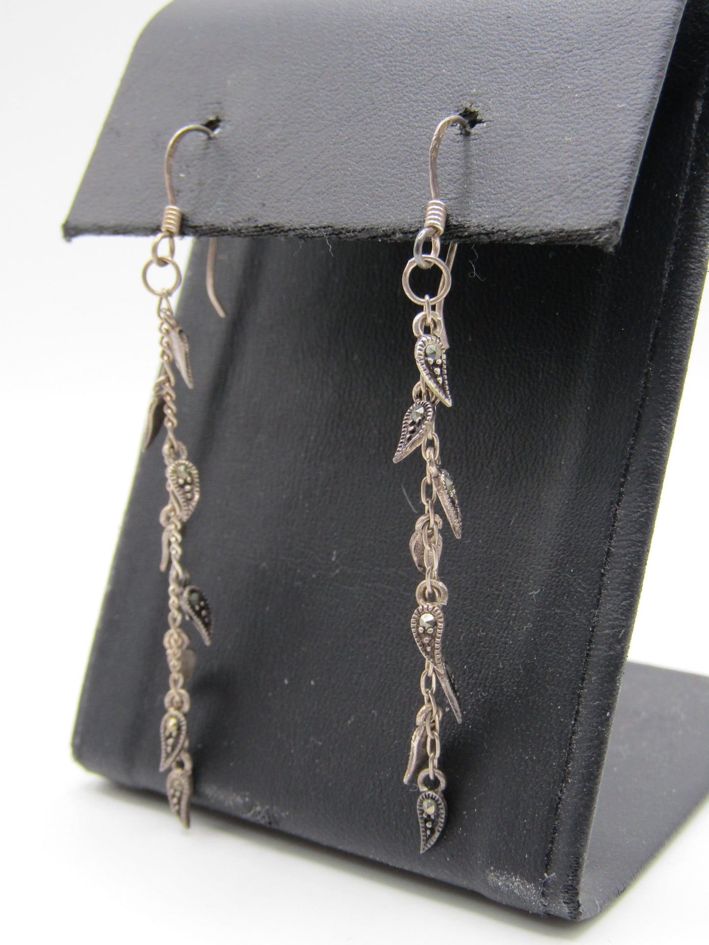 Sterling Silver Marcasite Accent Leaf Vine Drop Dangle Earrings