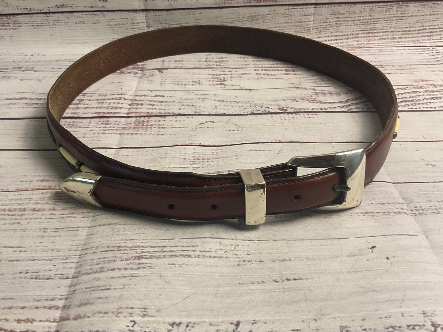 Onyx by Brighton Brown Leather Beaded Belt - Size 38