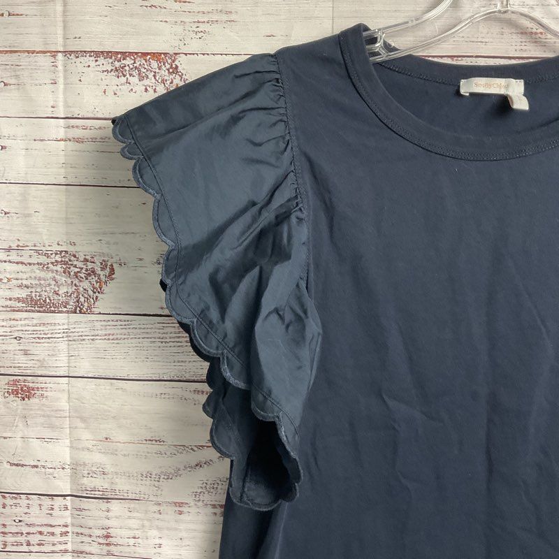 See By Chloe Navy Cotton Ruffled Sleeve T-shirt - Size M