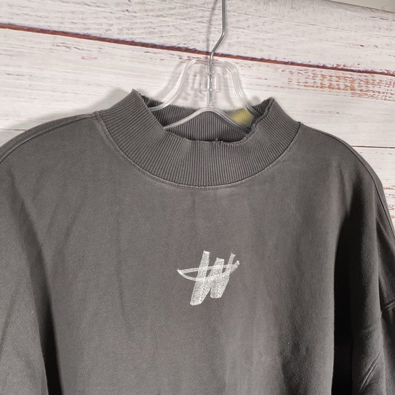 We11done Distressed Gray Logo Print Nametag Mockneck Long Sleeve T-shirt Size M