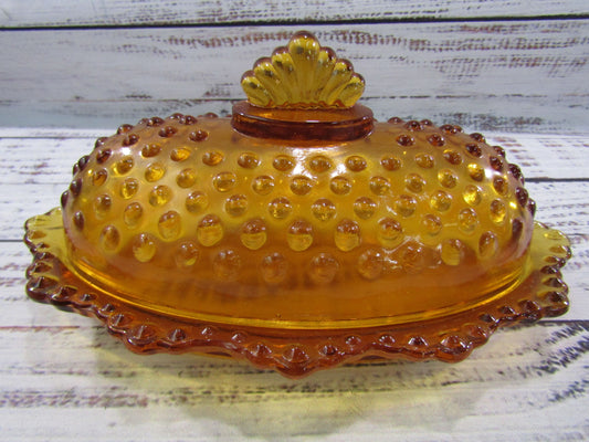 Vintage L.E. Smith Hobnail Amber Glass Covered Butter Tray Shaker