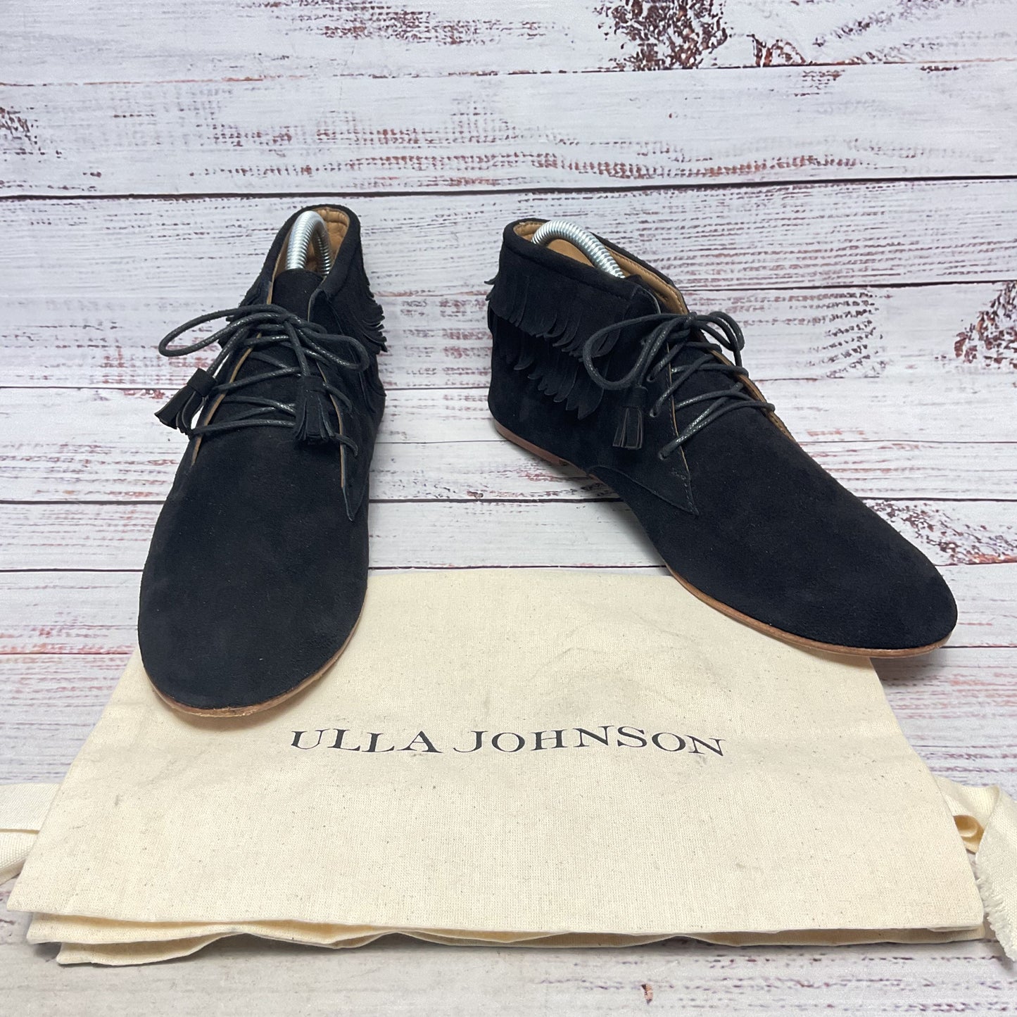 Ulla Johnson Black Suede Laced Moccasin Fringe Shoe Women Size 8.5