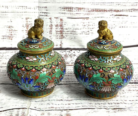 Vintage Chinese Cloisonné Enamel Foo Dog Set of 2 Lidded Jars Multicolor