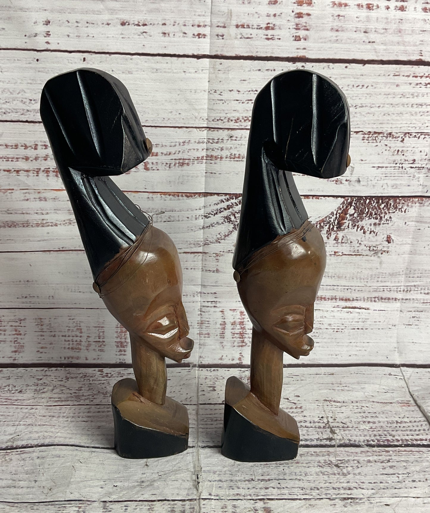 Vintage MCM 10' Set of 2 African Carved Wood Statues Brown