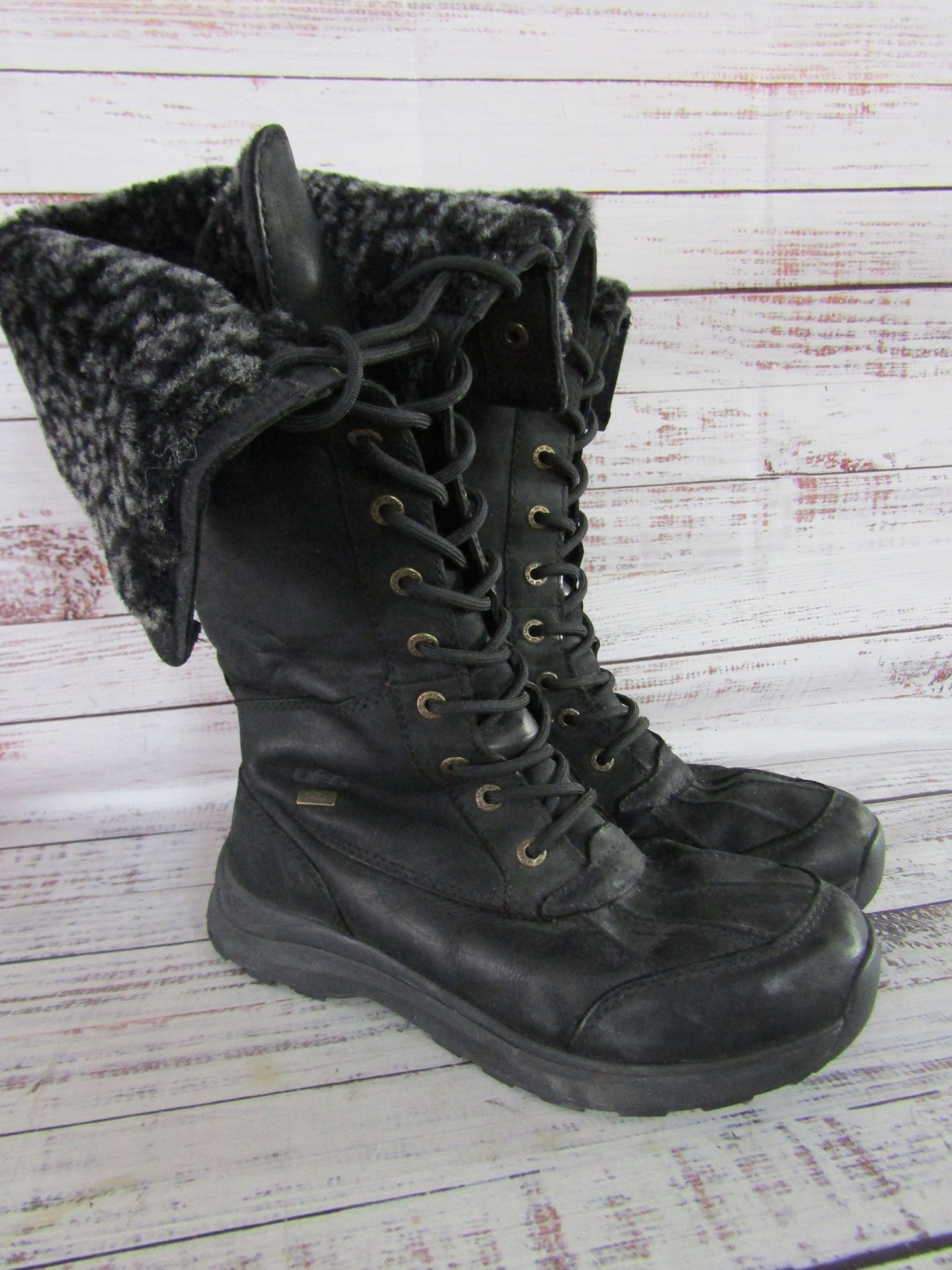 UGG Adirondack Tall III Leopard Women's Black Leather Snow Boots 1018330