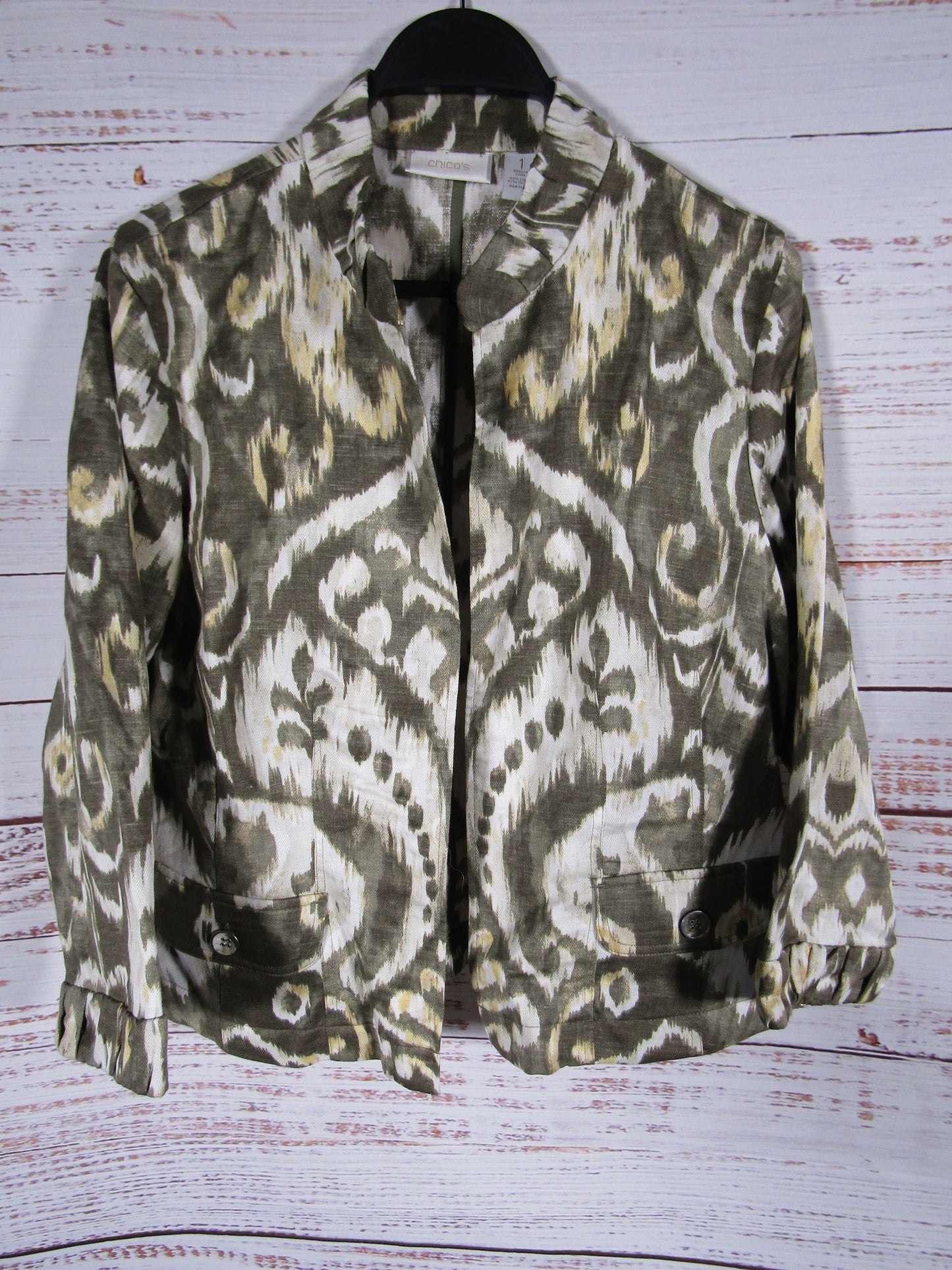 Chico's Ikat Women's Green Linen Blend Open Jacket Size 1