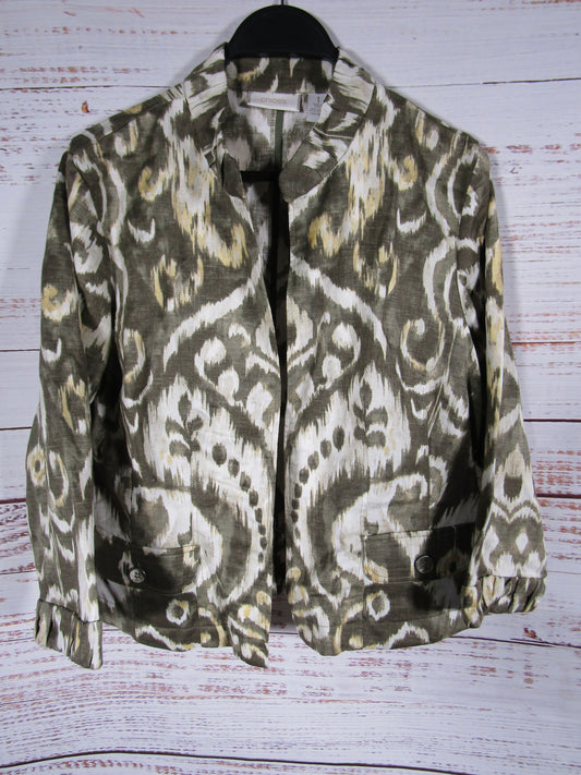 Chico's Ikat Women's Green Linen Blend Open Jacket Size 1