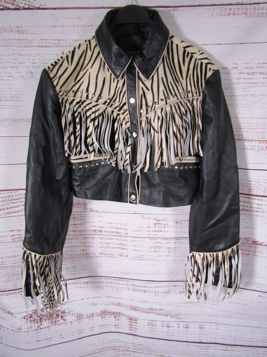 Nasty Gal Women's Black Leather Zebra Fringe Crop Jacket Size 10