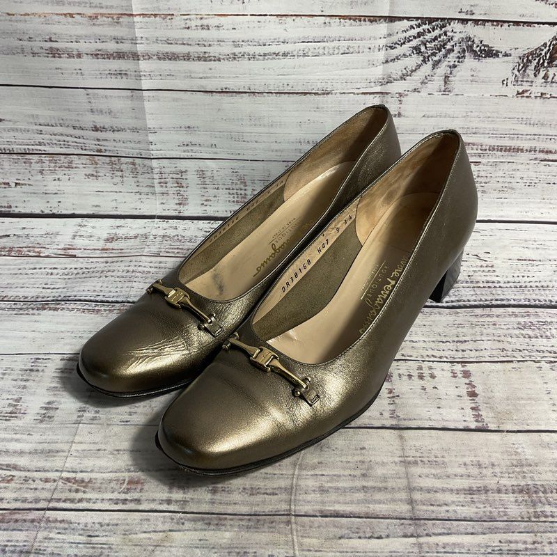 VTG. Salvatore Ferragamo Bronze Leather Horsebit Toe Pump Heel Women 9