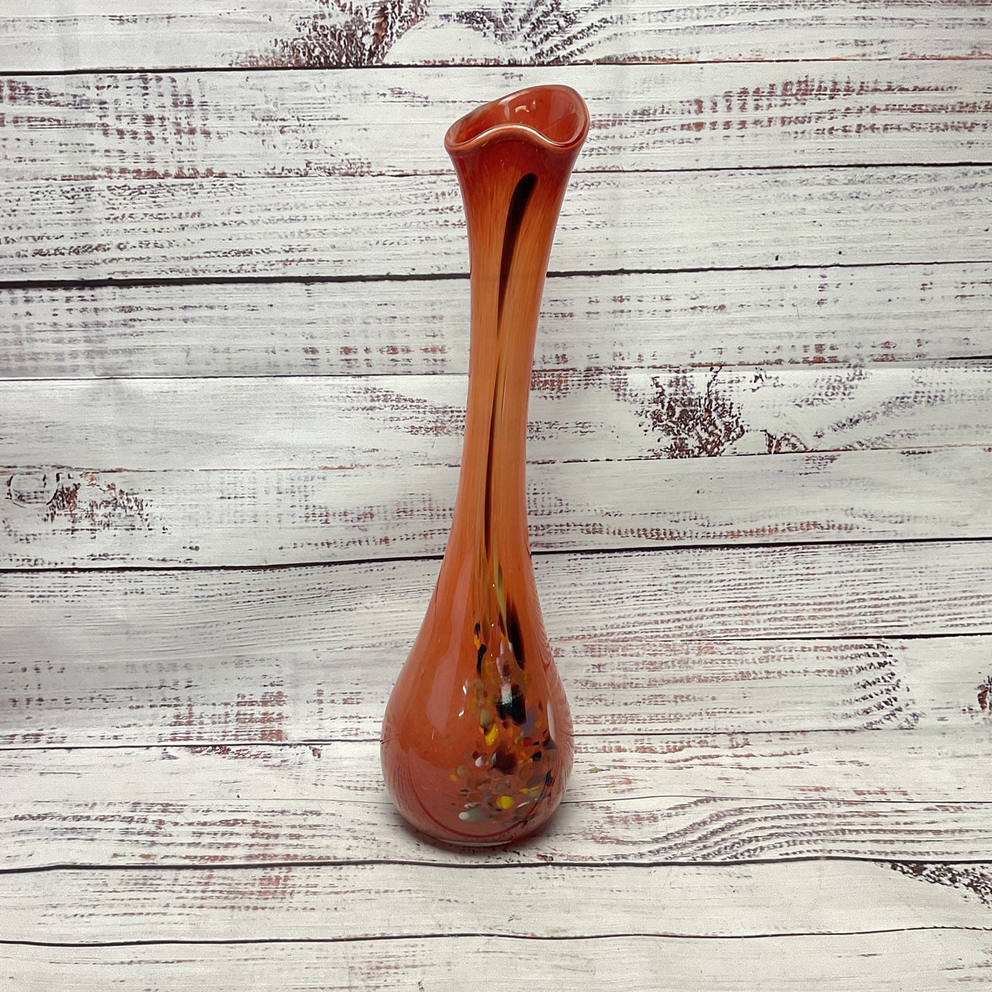 Nico Glass Romanian Tall Tube Slender Neck Orange Multicolor Swirl Glass Vase 14