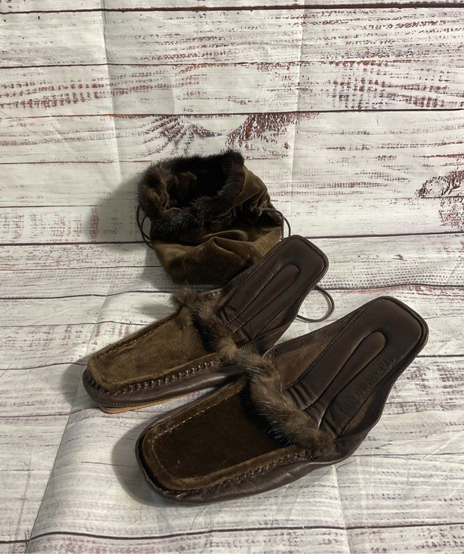 Taryn Rose Women's Brown Faux Fur Velvet Leather Bottom Slippers Size 37