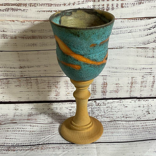 VTG. Pottery Goblet With Wood Stem- 7.75"