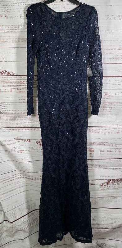 NWT Betsy & Adam Navy Blue Mesh Sequined Dress with embroidered design Size 6