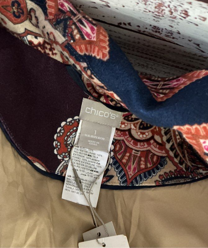 NWT Women's Chicos Paisley Print Drama Coat Size 1/Size 8 Retail $199