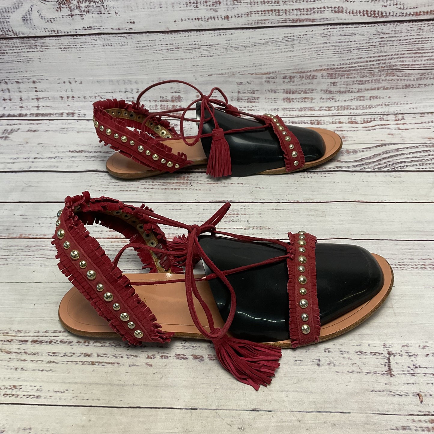 Aquazurra Careye Fringe Suede Red Cord Ankle Tie Sandal Women Size 9