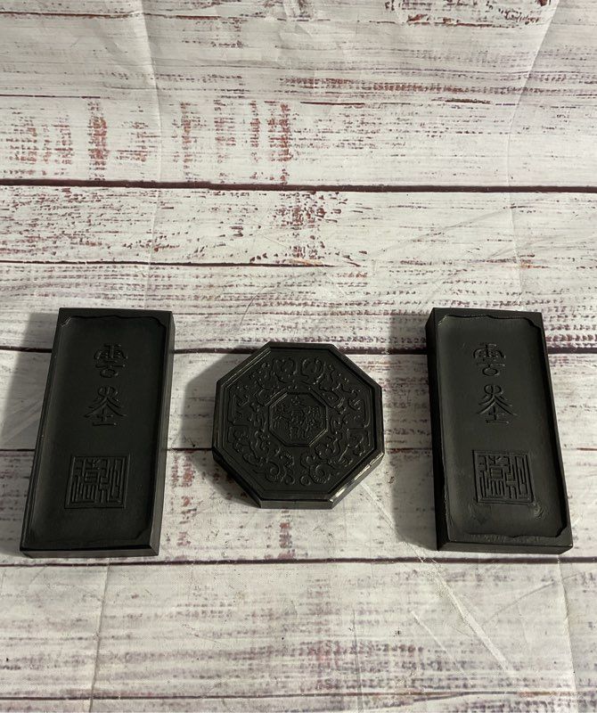 Vintage Set Of 3 Chinese Ink Stones With Art