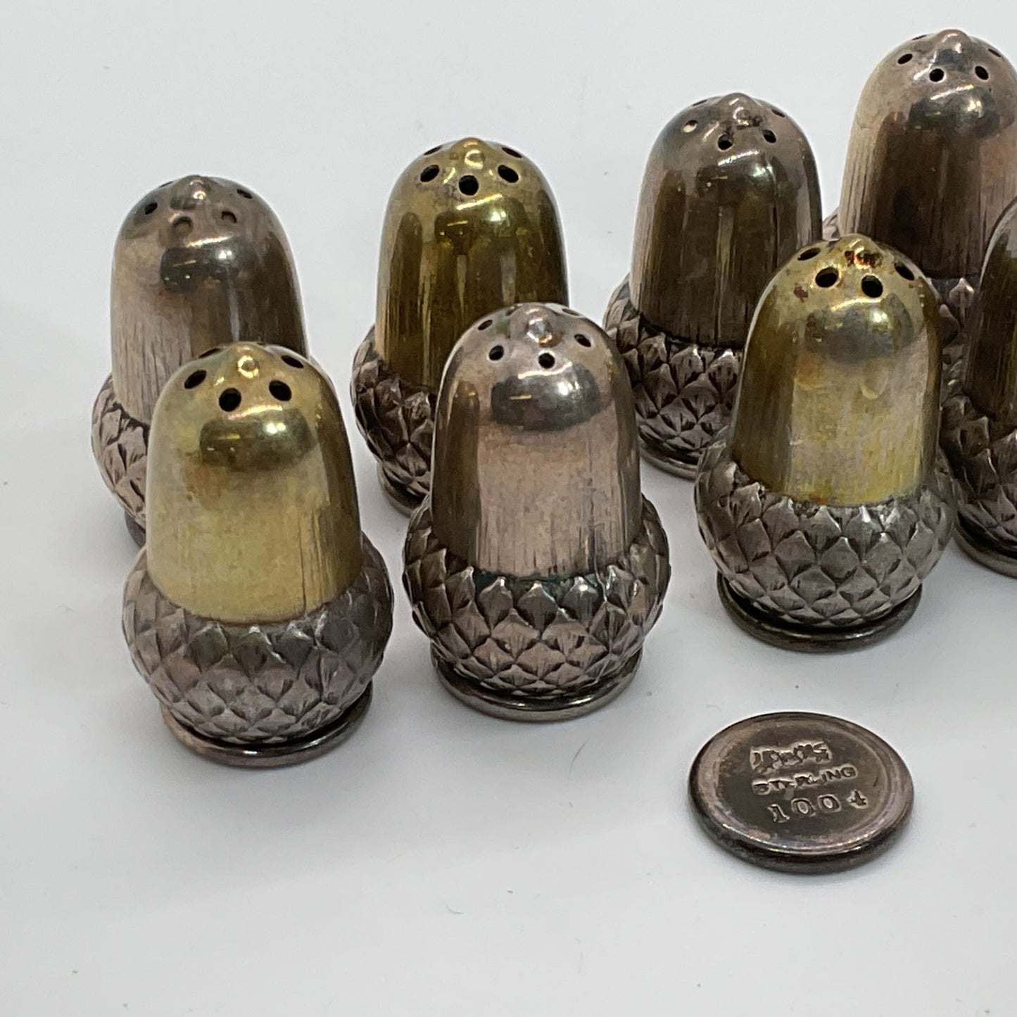 ANTIQUE 1920's REED & BARTON Sterling Silver 1" Acorn Salt Shakers- Set of 8
