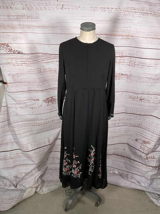 Women's Pandora Black Long Sleeve Floral Embroidered Long Dress Size XL