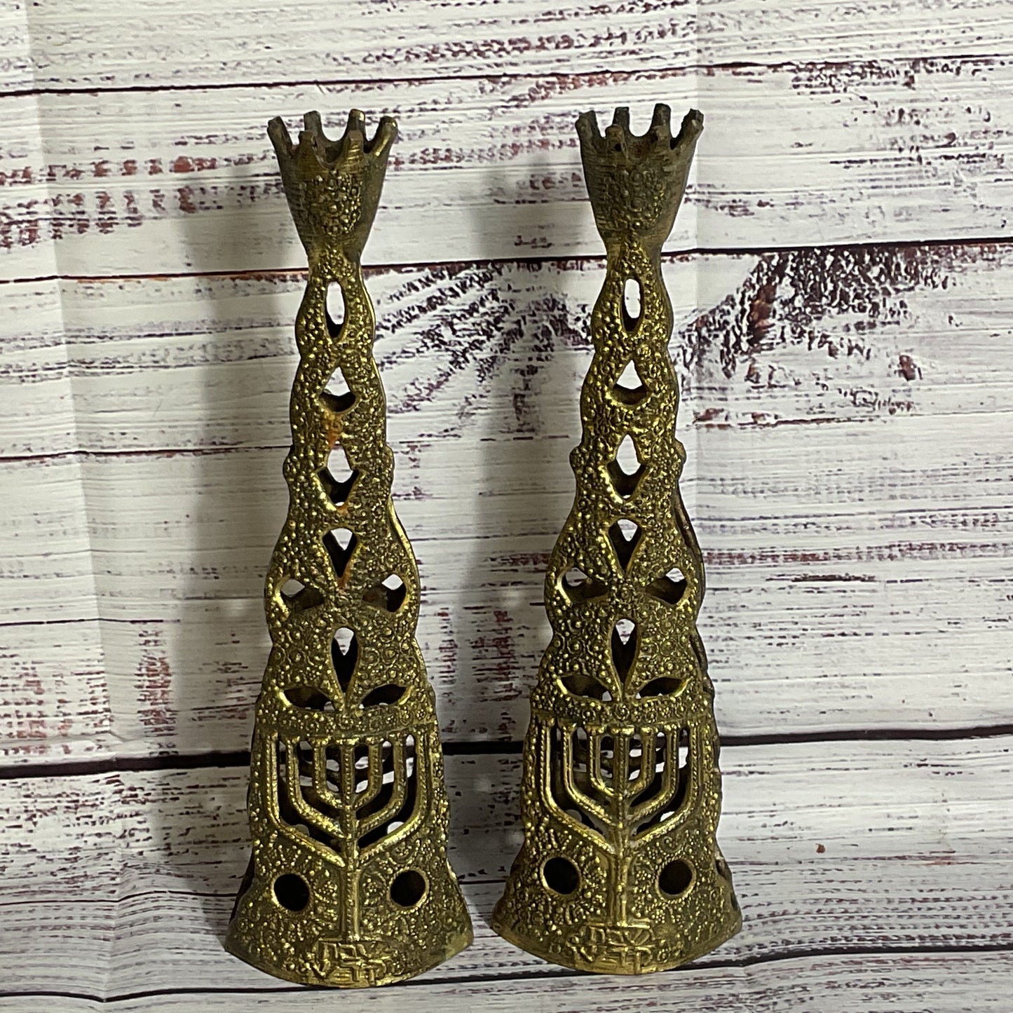 Pair of VTG. Brutalist Israel Judaica Brass Shabbat Candle Holders- 9.25"