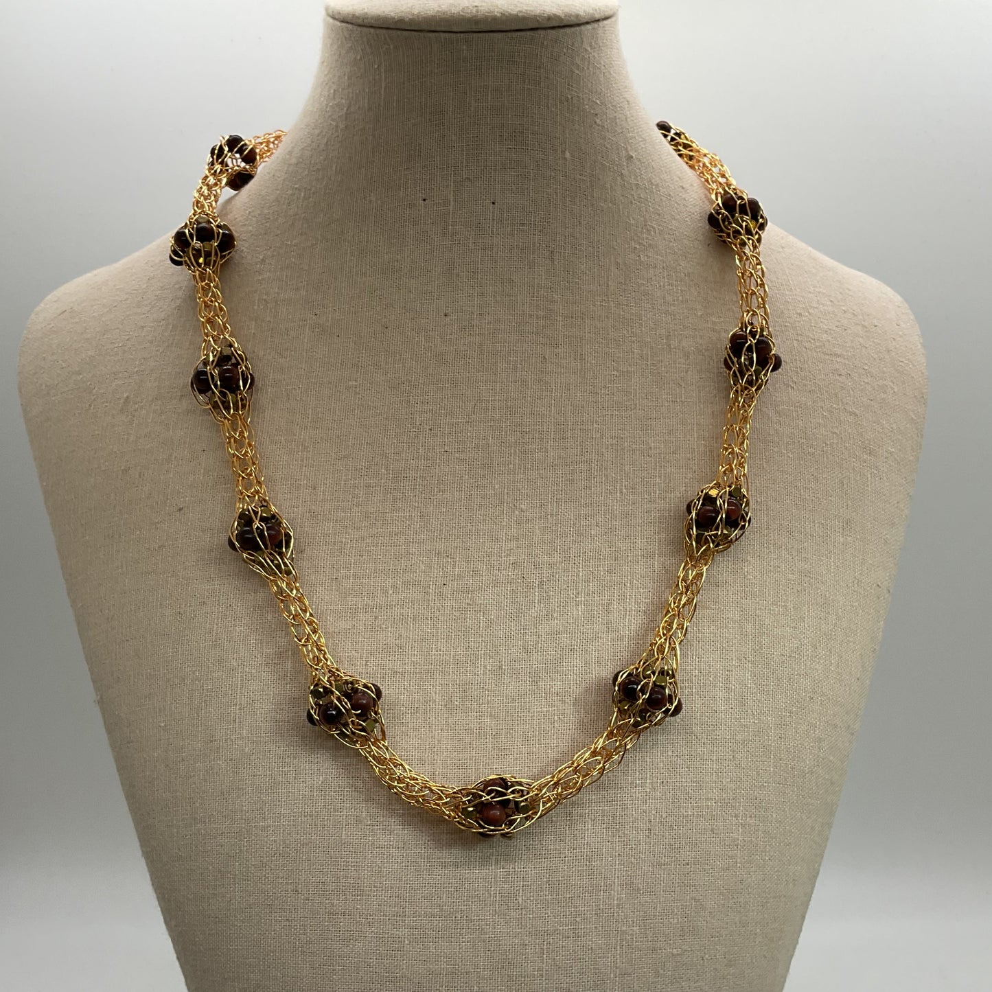 Gold Tone Wire Braided Caged Tiger Eye Beaded Clusters 22" Necklace