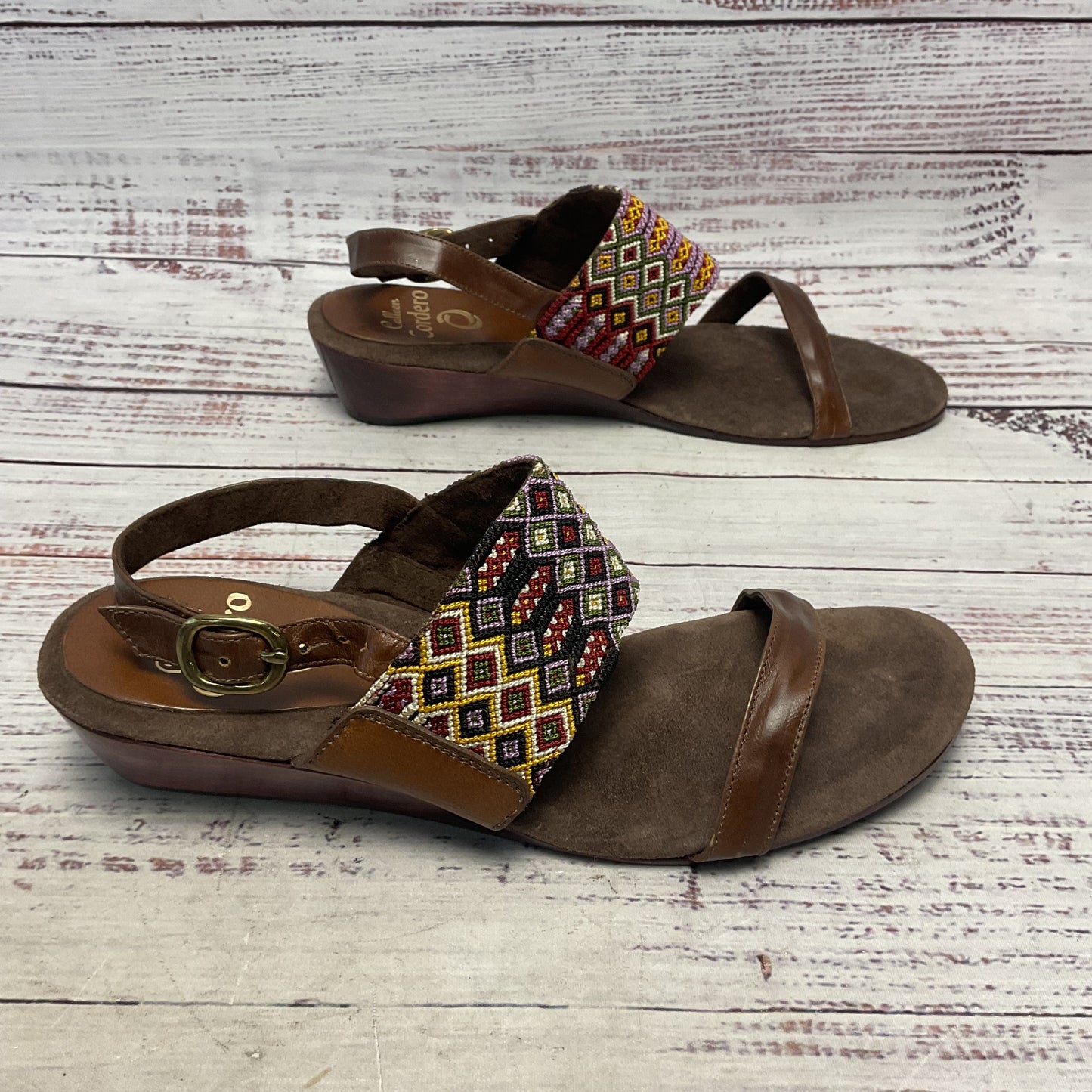 Colleen Cordero Brown Embroidered Leather Wedge Wood Clog Sandal Women 7