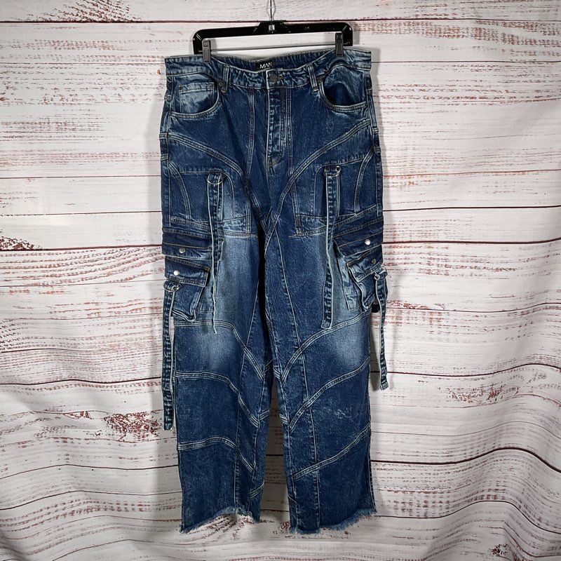 Boohoo Man Wide Leg Trim Detail Utility Cargo Festival Ravewear Jeans - Size 42