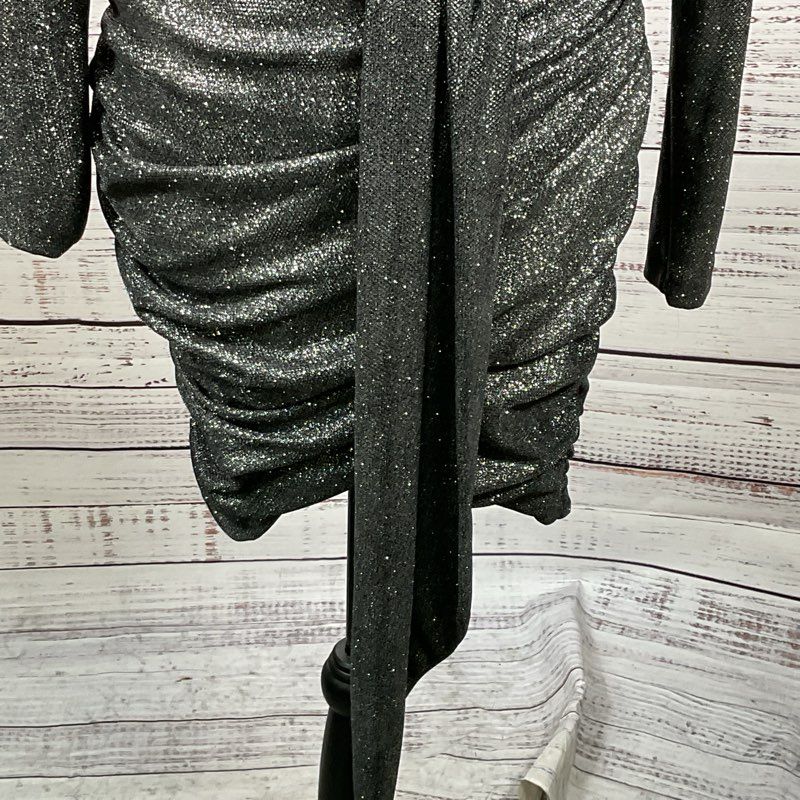 HOUSE of CB London Women Black Glitter Ruched Pleated Low V-Neck Dress- SZ XS