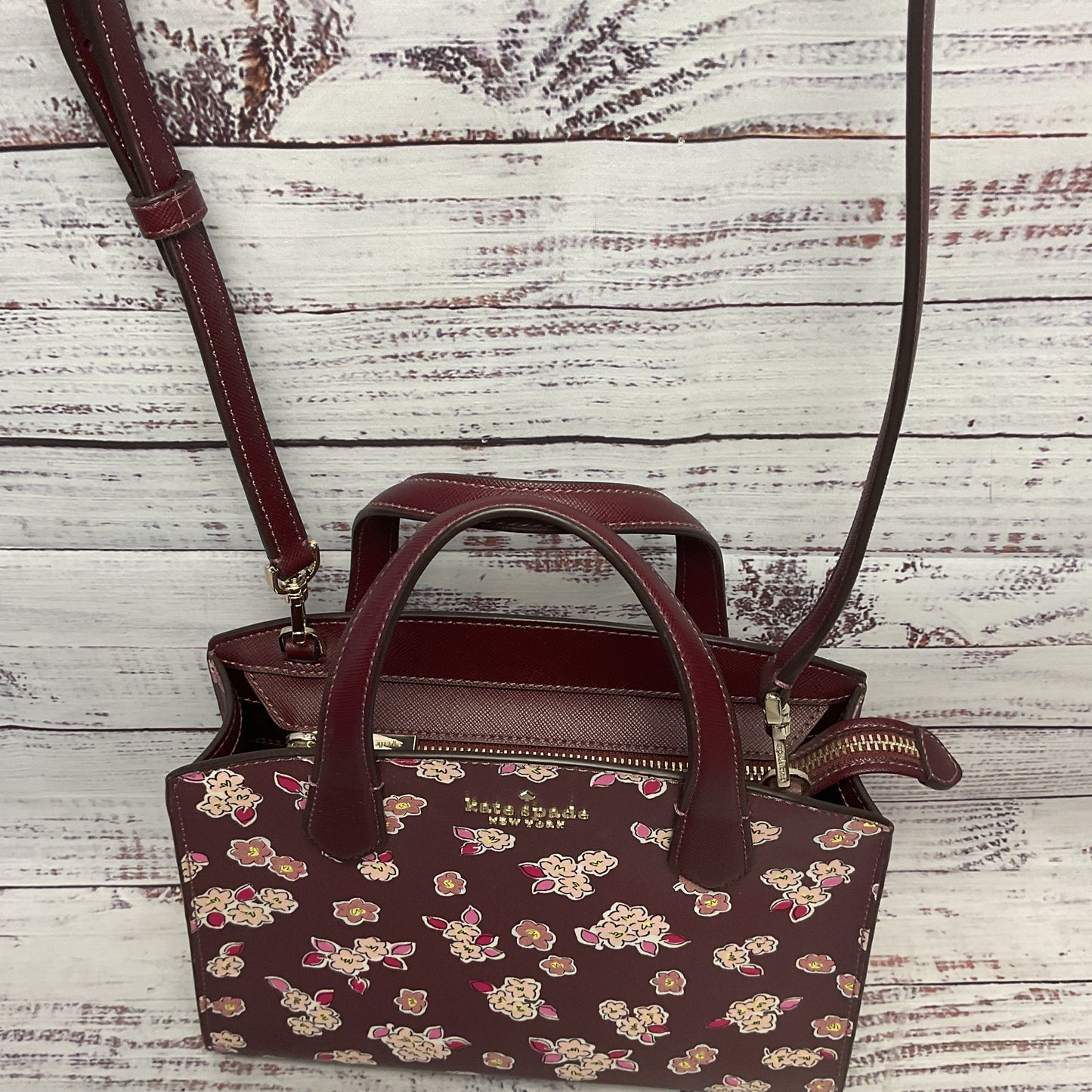 Kate Spade Frosted Floral Tinsel Deep Berry Satchel Top Handle Purse Bag