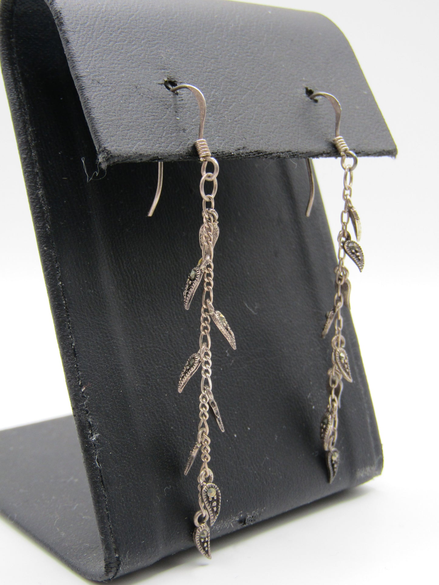 Sterling Silver Marcasite Accent Leaf Vine Drop Dangle Earrings