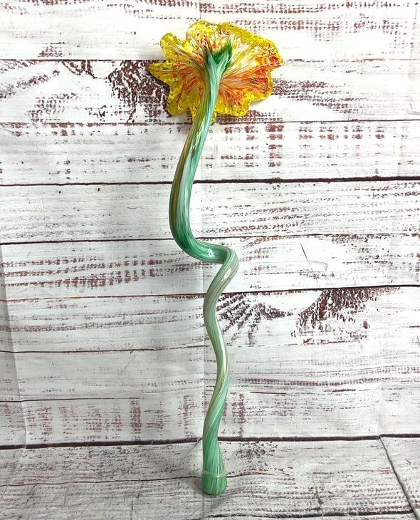 Modern Handblown Moreno Style 15" Art Glass Lily Flower Yellow
