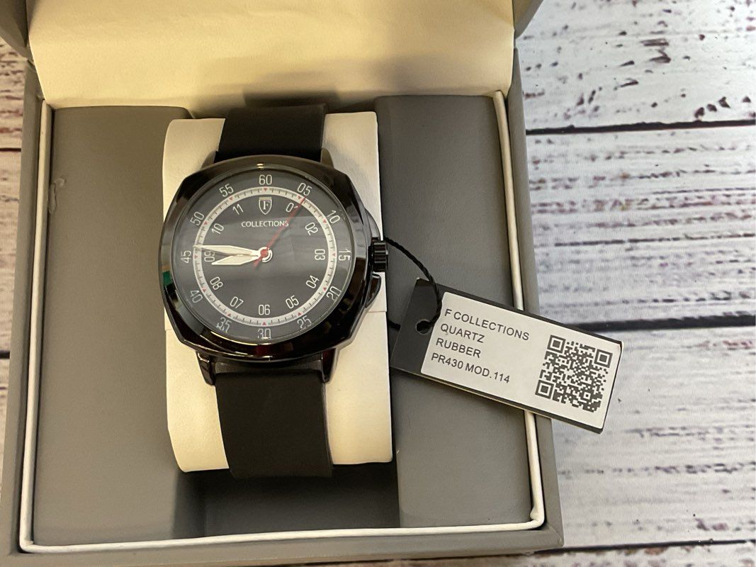 NWT F COLLECTIONS PR430 Men's Silver Tone Black Band Watch