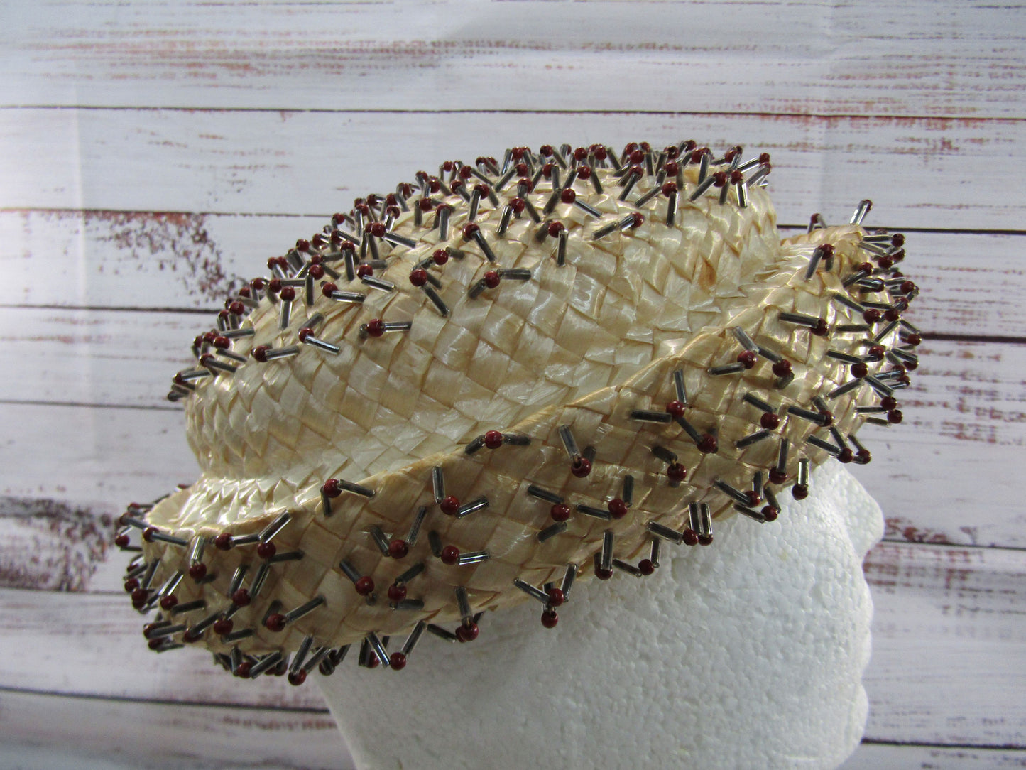 1950's Gertrude Sheedy for Pinehurst Women's Woven Beaded Straw Hat