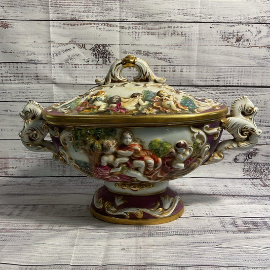 VTG Keramos R. Capodimonte Cherub Pedestal Bowl Lidded 20" Italian Tureen