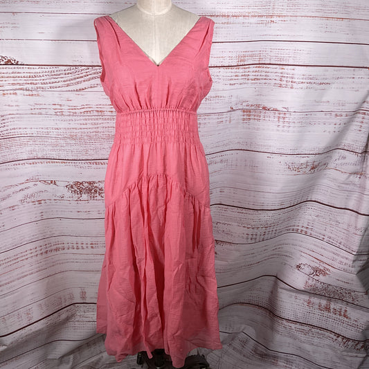 NWT VINCE. V-Neck V-Back Smocked Pink Midi Dress- SZ S