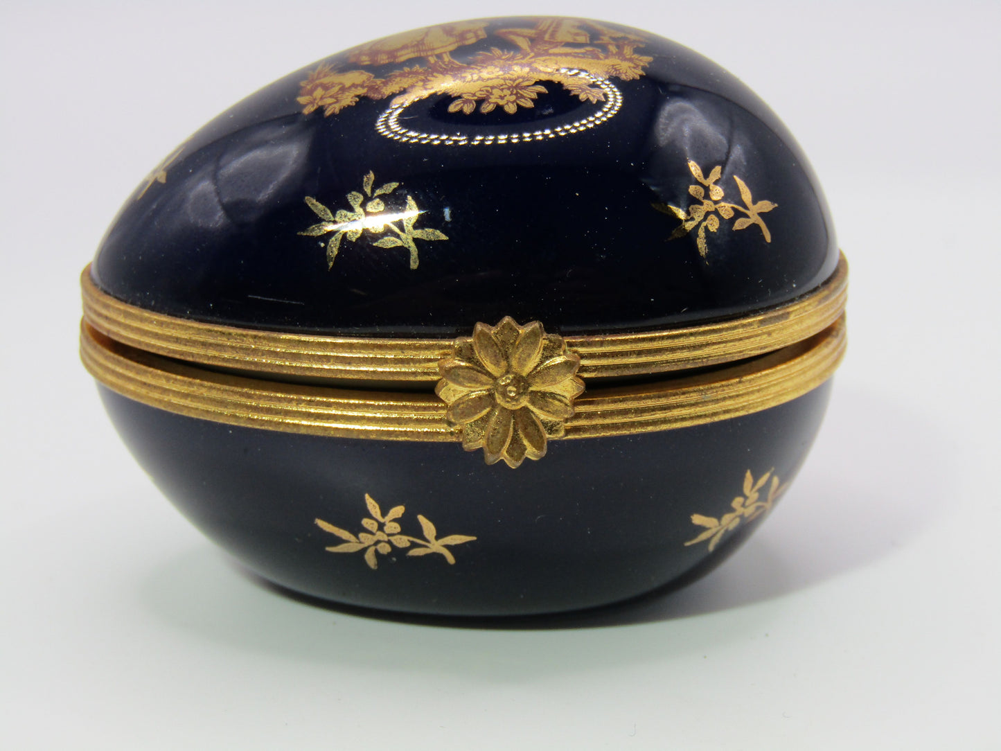 Limoges Courting Couple Cobalt Blue 24k Gold Wash Egg Trinket Box Made in France