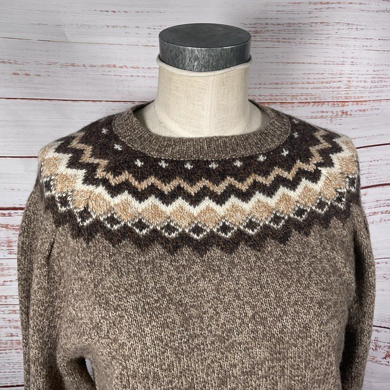 Frame Fair Isle Mushroom Heather Brown Knit Wool Crewneck Sweater - Size XL