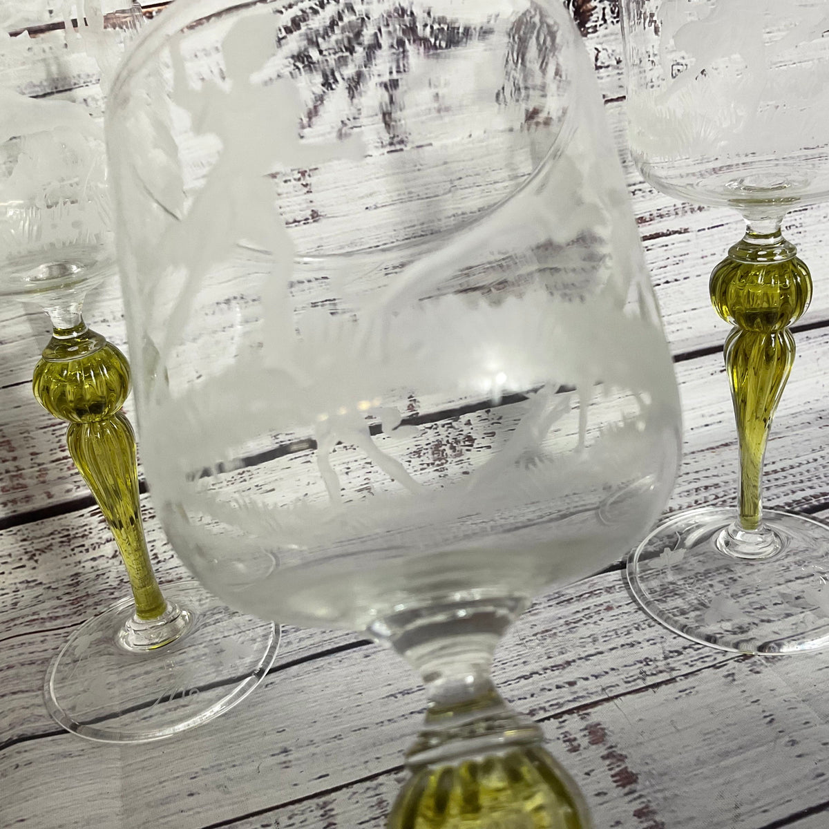 Set of 4 VTG./ANTIQUE SALVIATI Italy Murano Long Stem Etched Wine Glassware- 8"