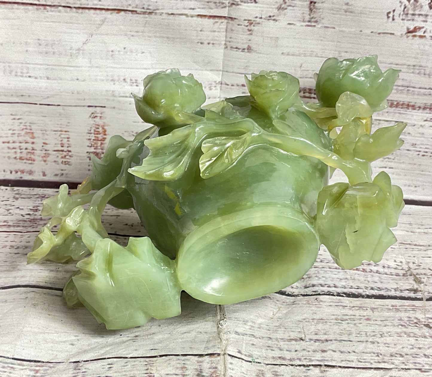 Vintage Chinese Rose Carved Natural Stone Jar Green