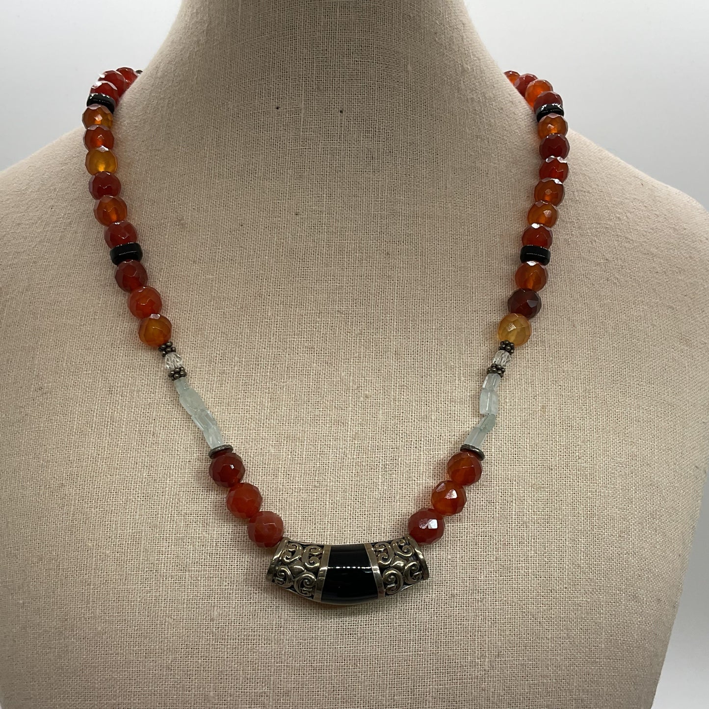 Sterling Silver Gemstone Onyx & Aquamarine Beaded Necklace- 19"