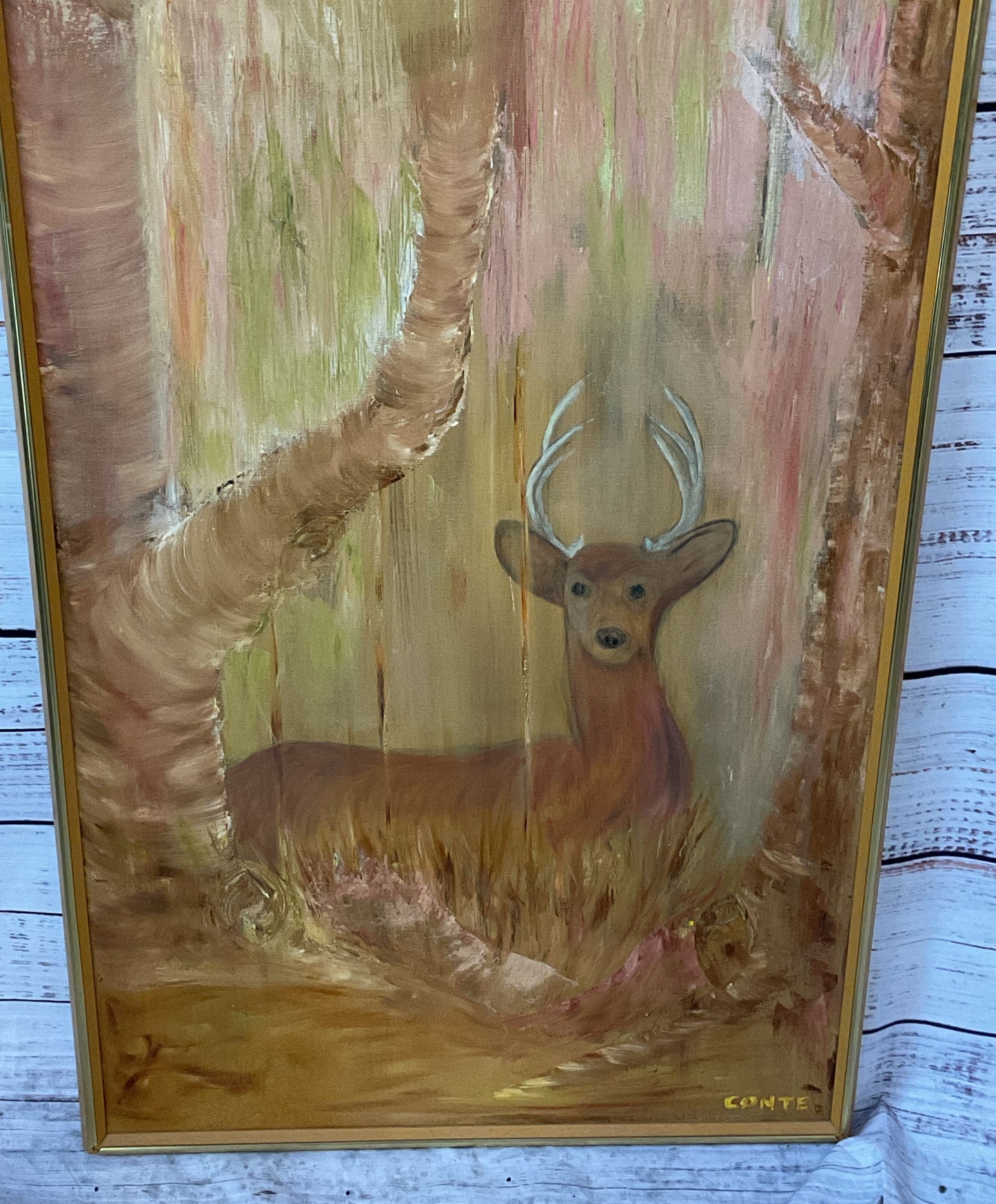 Vintage MCM Deer in Golden Forest Painting Signed by Conte