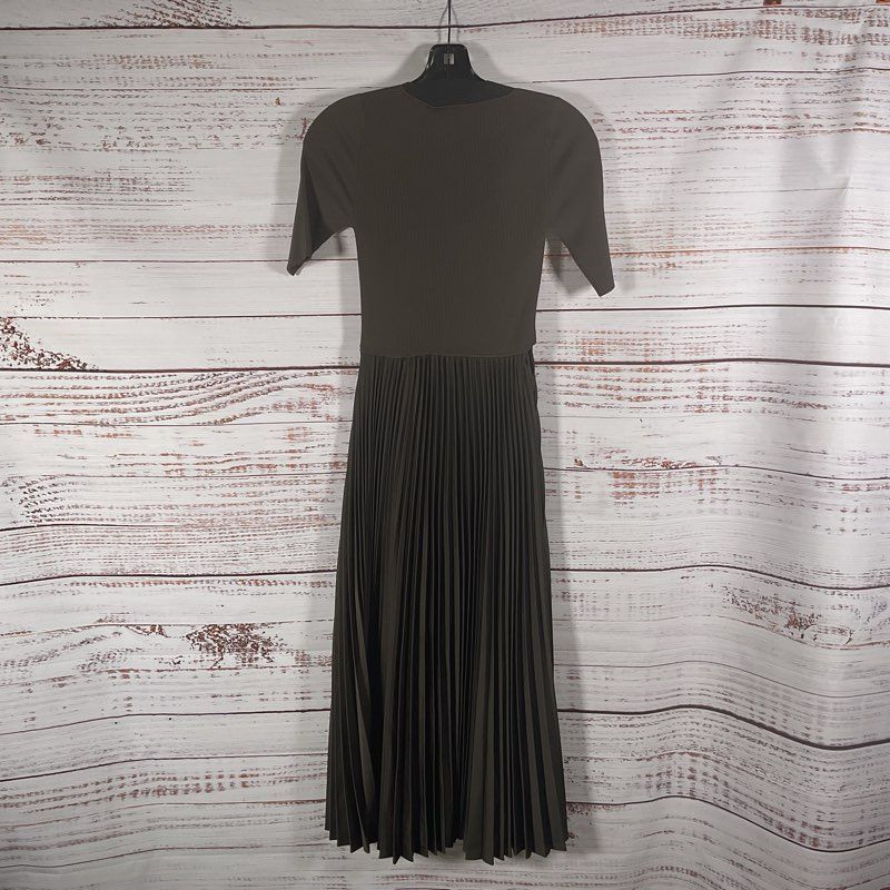 NWT Theory Teak Brown Pleated Poly Combo 1/2 Sleeve Midi Dress - Size P