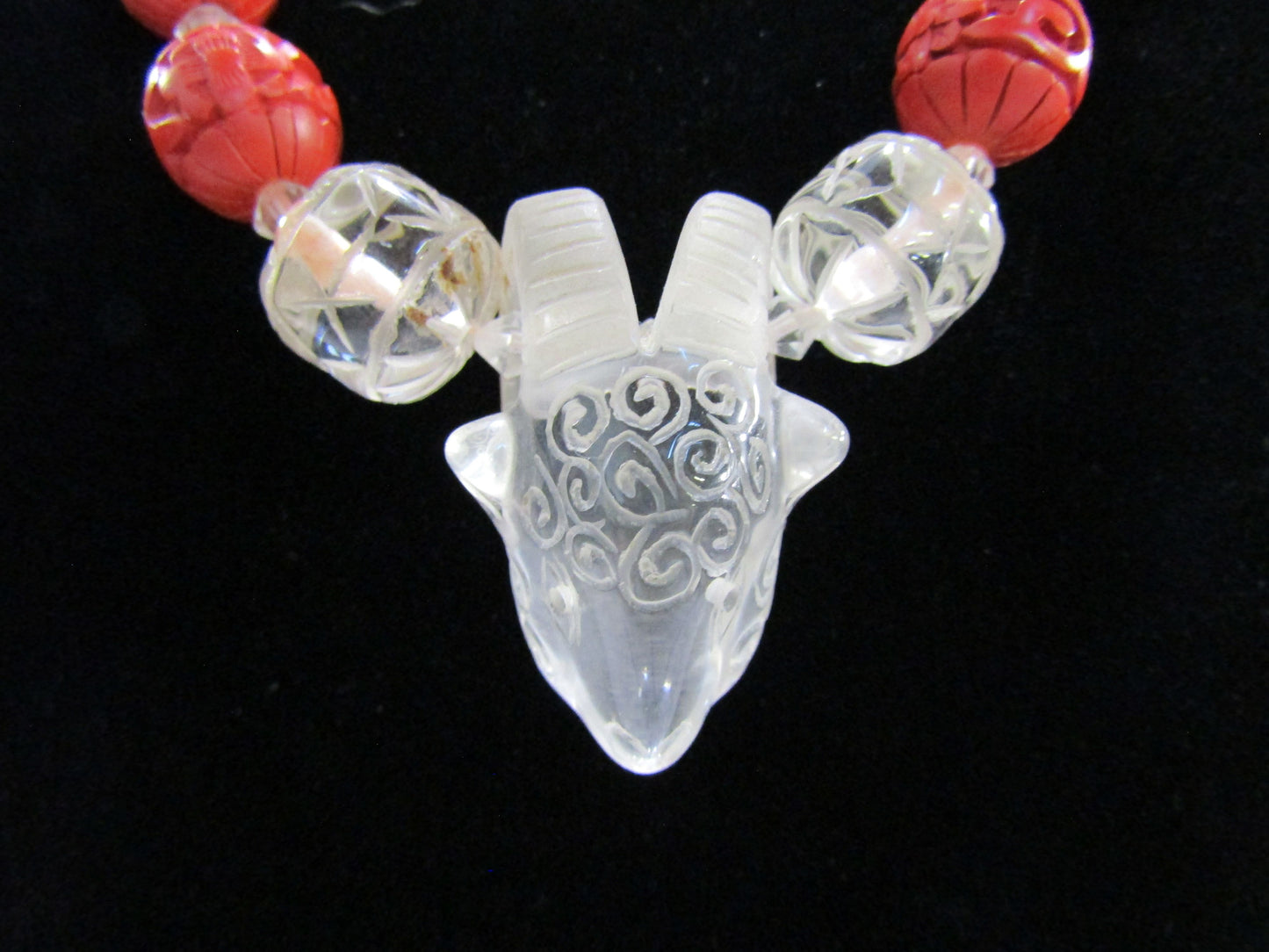 Handcrafted Chinese Year of The Goat Beaded Cinnabar Glass Goat Pendant Necklace