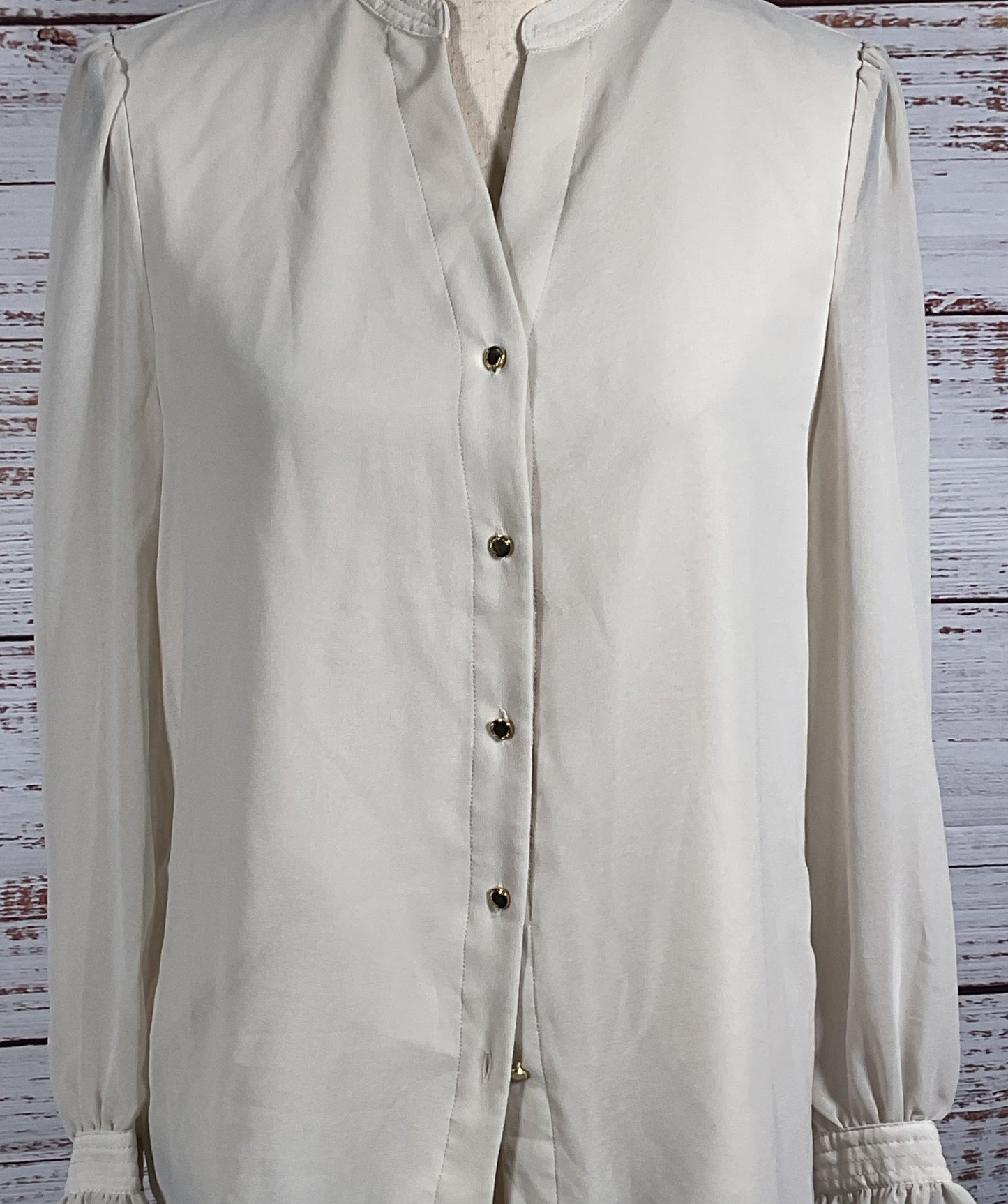 Carmen Marc Valvo Ruffle Button Blouse Tranquil Taupe S
