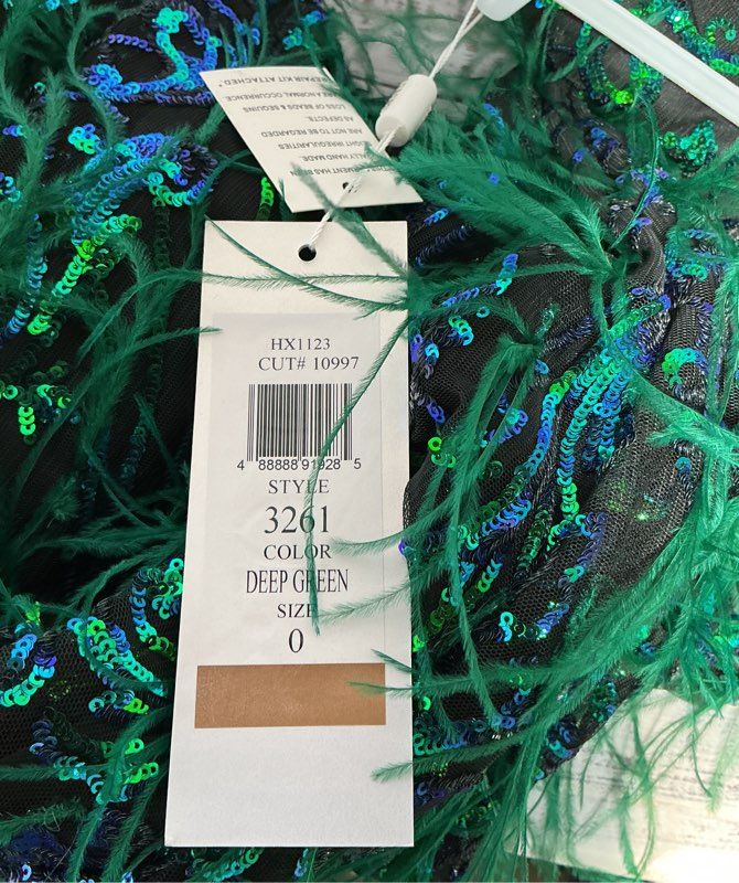 NWT Colors Green Sequined One Shoulder Gown with feathers Size 0 STUNNING!