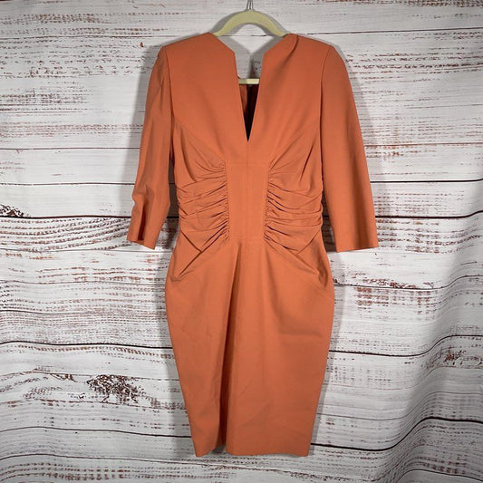 Elie Tahari Peach Orange Ruched Front 3/4 Sleeve Mini Dress - Size 40