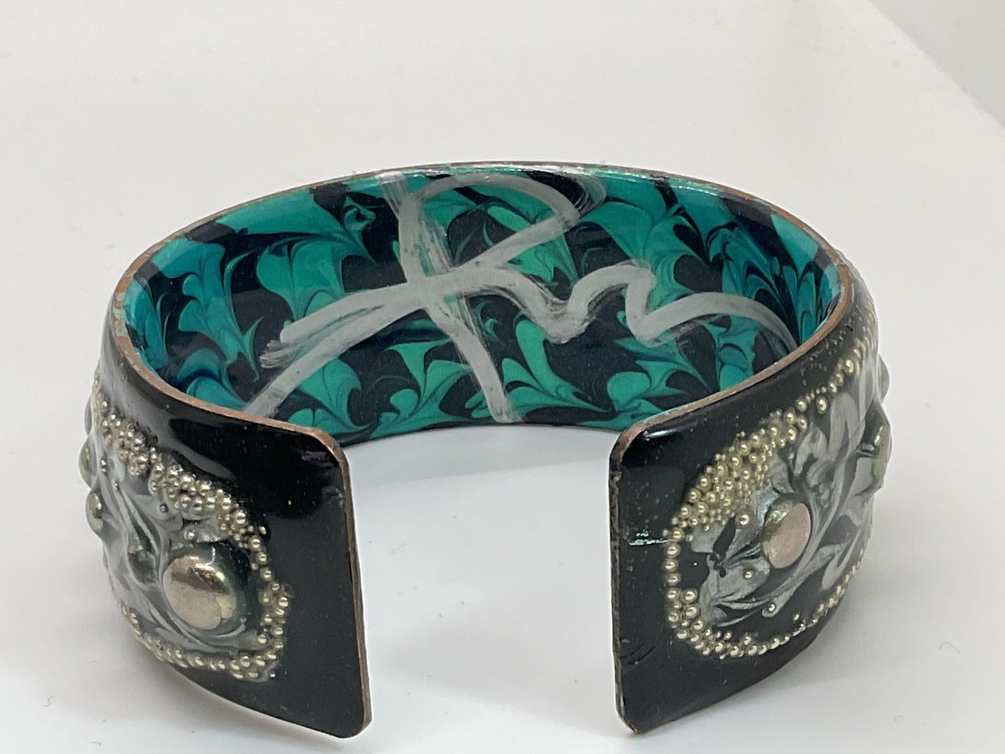 Signed Artisan Brutalist Copper & Enamel Studded 1" Wide Cuff Bracelet- 6.25"