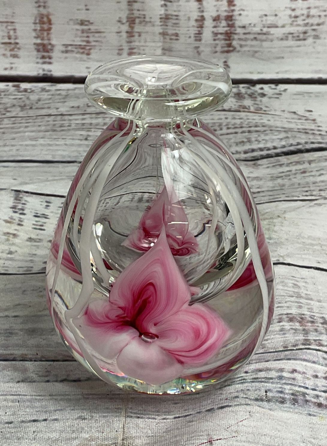 Robert Held Vintage Floral Hand Blown Glass Vase Clear Pink
